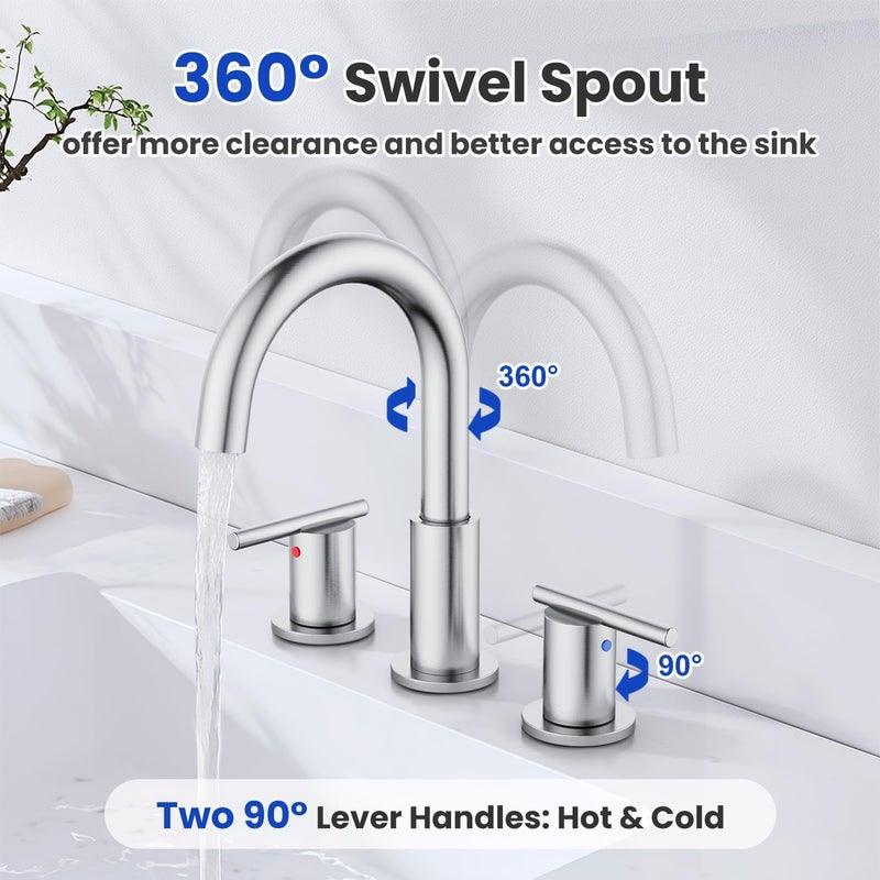 Hurran Bathroom Faucets for 3 Hole Sinks, 8 Inch Brushed Nickel Double Handle Bathroom Sink Faucet with 360° Rotating Spout & Pop-Up Drain, Widespread Faucet Suitable for Vanity, RV & Outdoor Sinks - Image 4